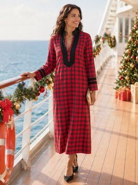Sail to Sable Sailor Tartan Red Plaid Midi Dress Cotton Caftan Black Trim M NWT